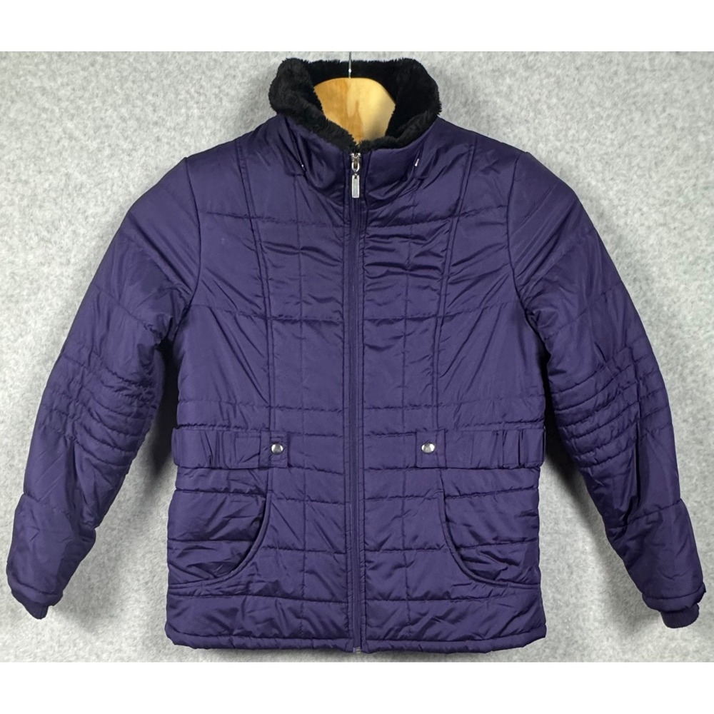 Faded Glory Puffer Jacket Womens XL 16-18 Purple Quilted Faux Fur Trim Full Zip